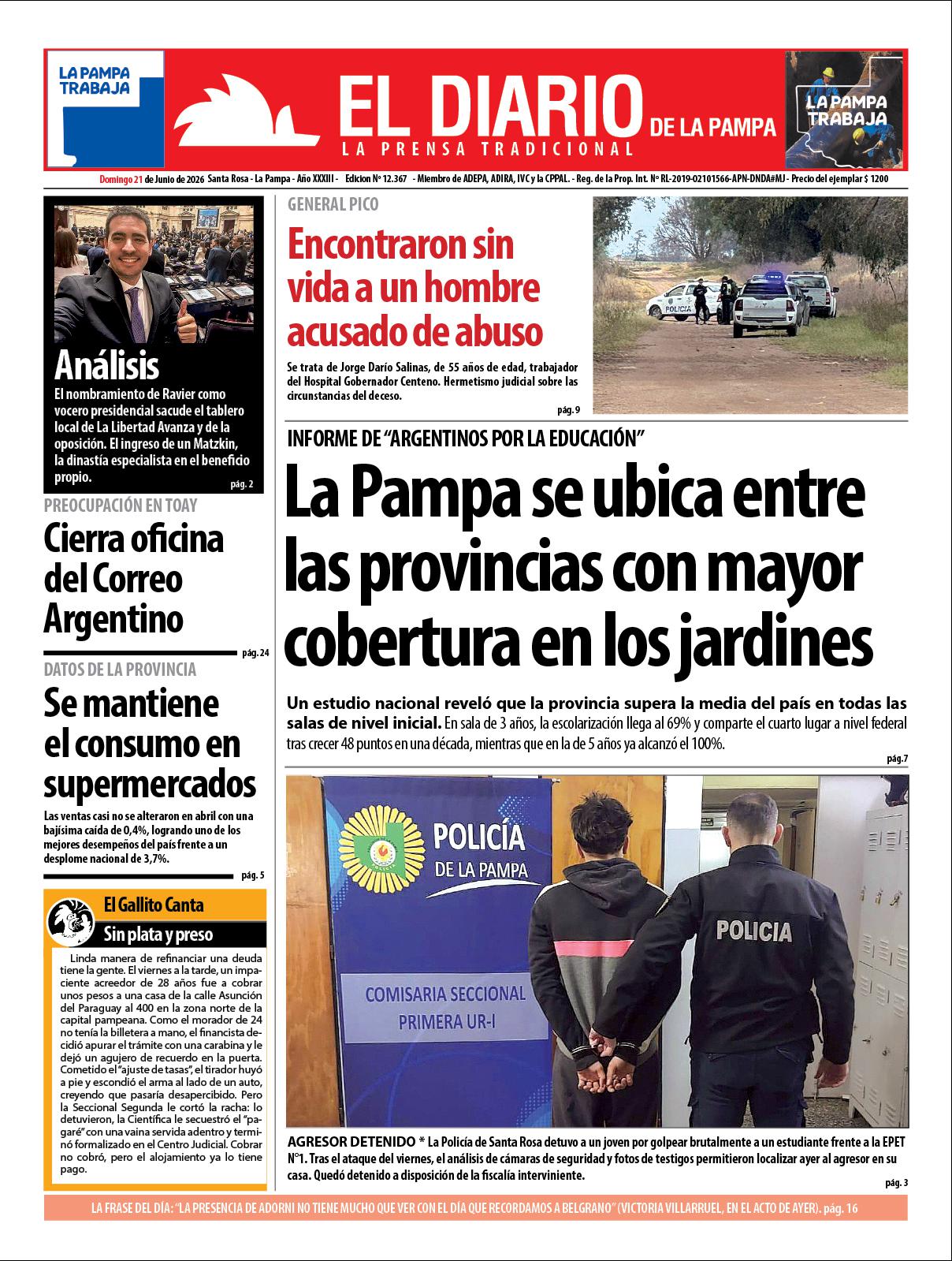 Tapa de El Diario en papel  domingo 21 de junio de 2026